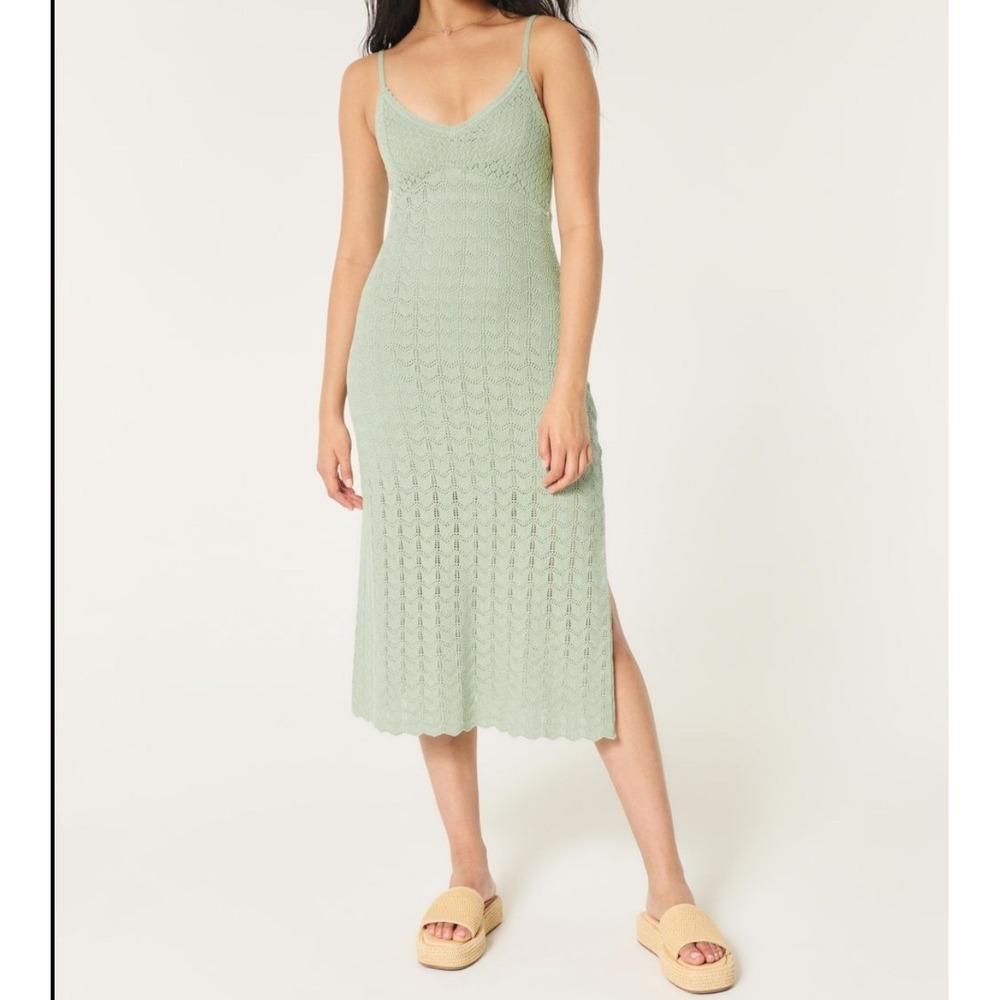 Hollister Sage Green Knit Slip Midi Dress with Spaghetti Straps